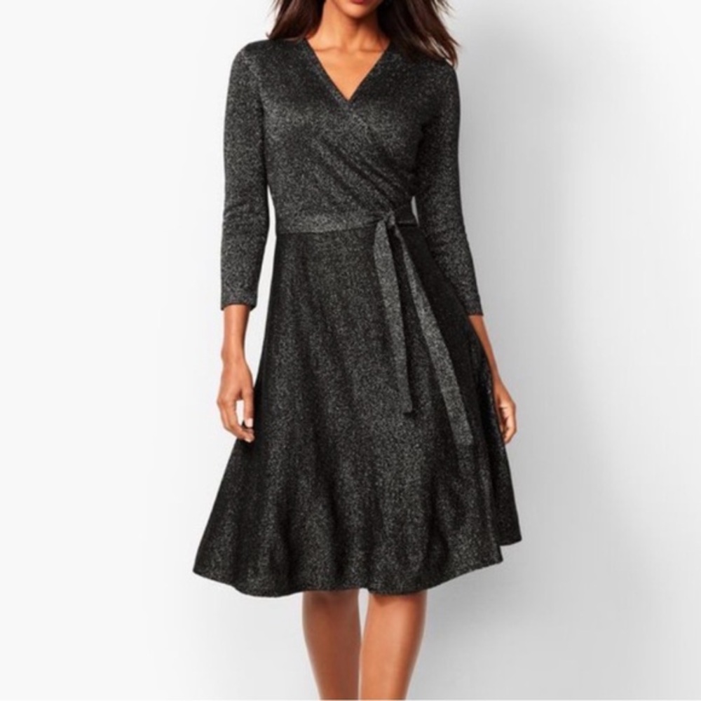 Talbots Shimmery Merino Wool 3/4 Sleeve Black Faux Wrap Tie-Belt Dress Sz 3X